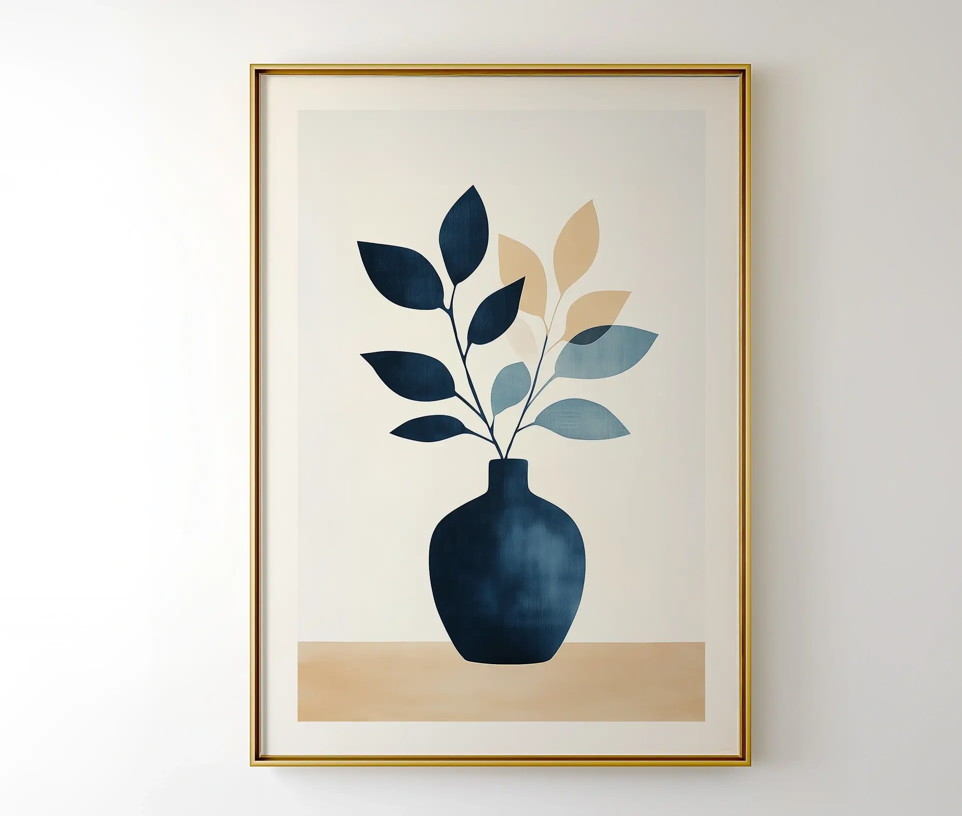 Indrammet plakat med vase og botaniske grene i blå og beige