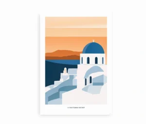 Plakat med Santorini-motiv i blå og orange farver med teksten “A Santorini Secret”