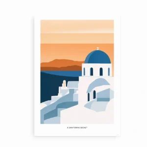 Plakat med Santorini-motiv i blå og orange farver med teksten “A Santorini Secret”
