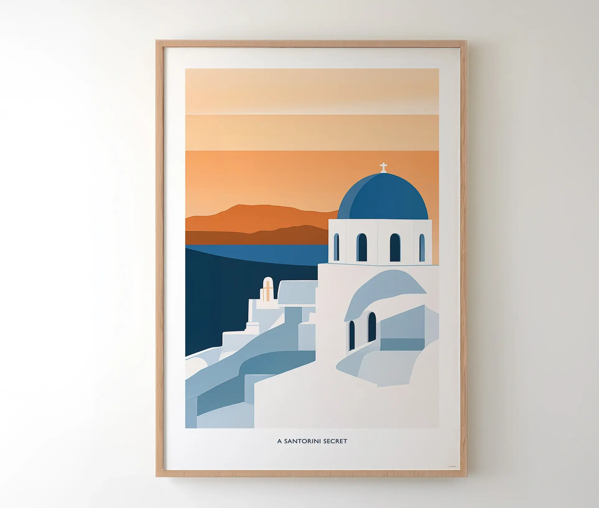 Indrammet plakat med Santorini-motiv i blå og orange farver