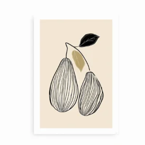 Kunstplakat med to abstrakte pærer i sort streg på beige baggrund