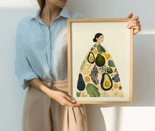 Kvinde holder en indrammet plakat med avocado-motiv