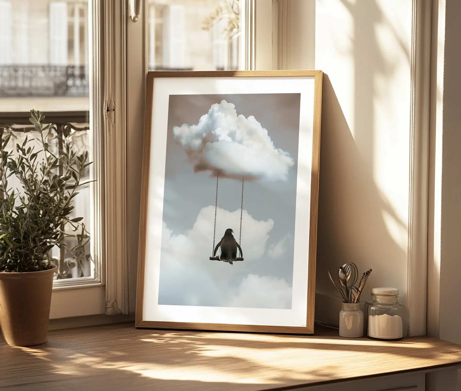 Plakat med pingvin på gynge i naturligt lys ved vindue
