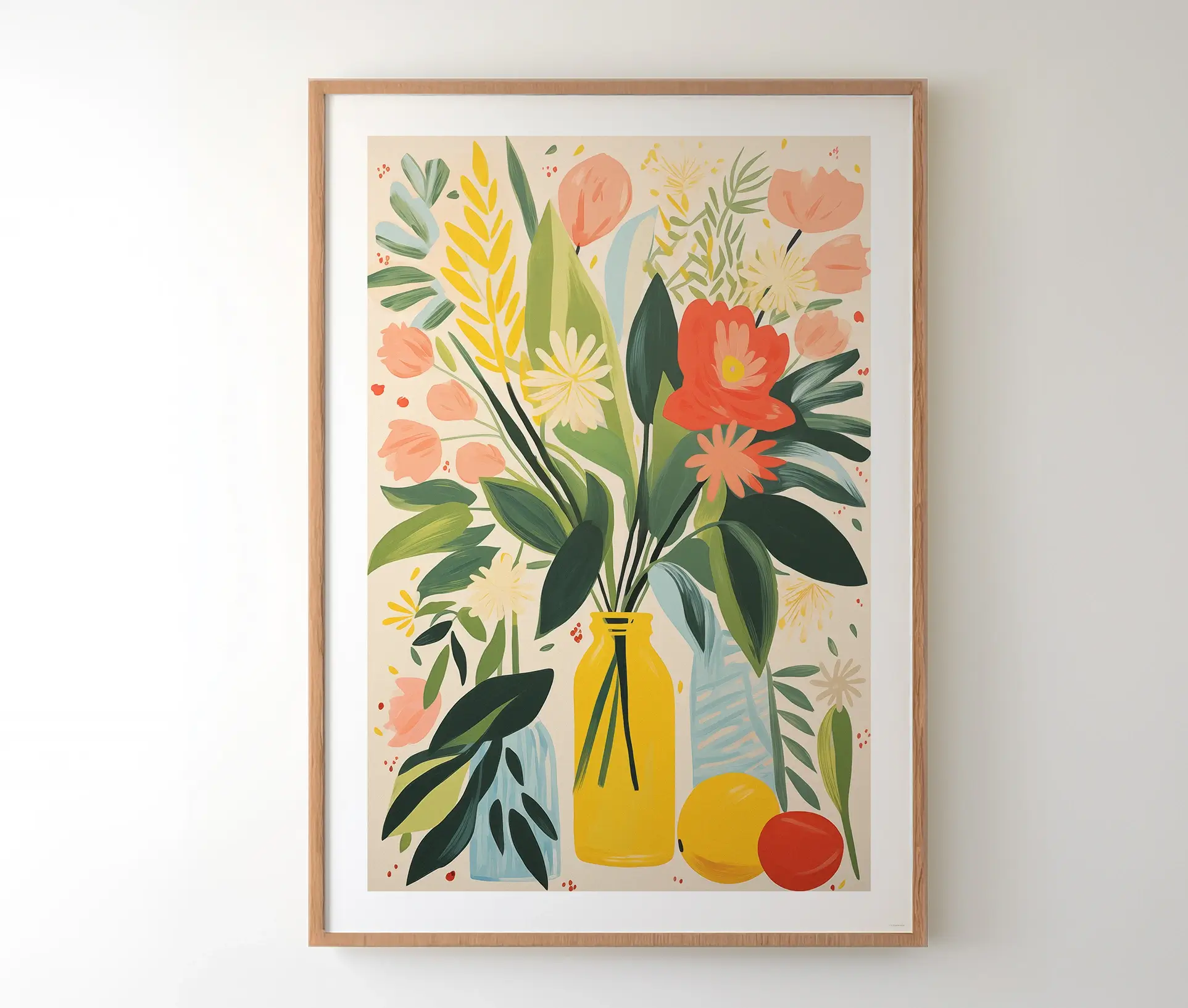 Indrammet blomsterplakat med farverig buket og vaser