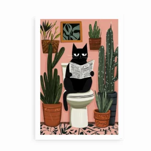 Plakat med sort kat på toilet omgivet af planter