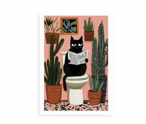 Plakat med sort kat på toilet omgivet af planter