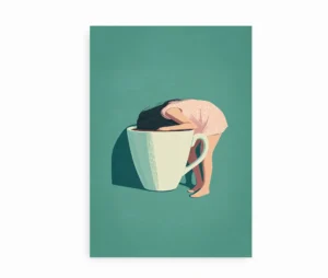 Uindrammet plakat med pige og kæmpe kaffekop på grøn baggrund