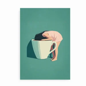 Uindrammet plakat med pige og kæmpe kaffekop på grøn baggrund