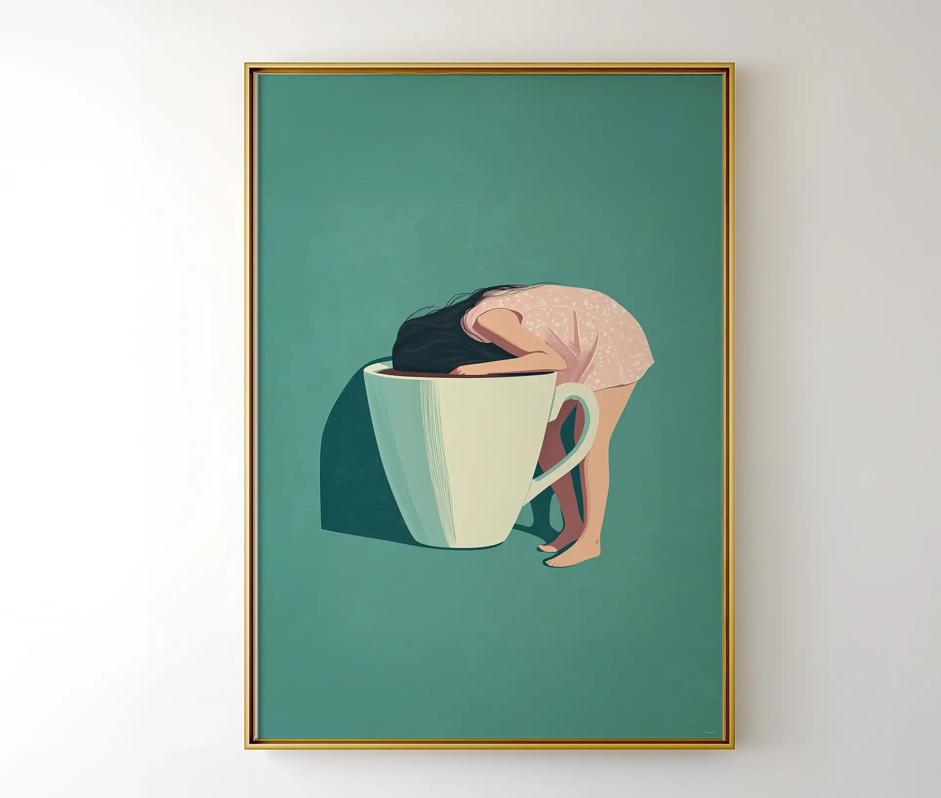 Indrammet plakat med humoristisk kaffemotiv
