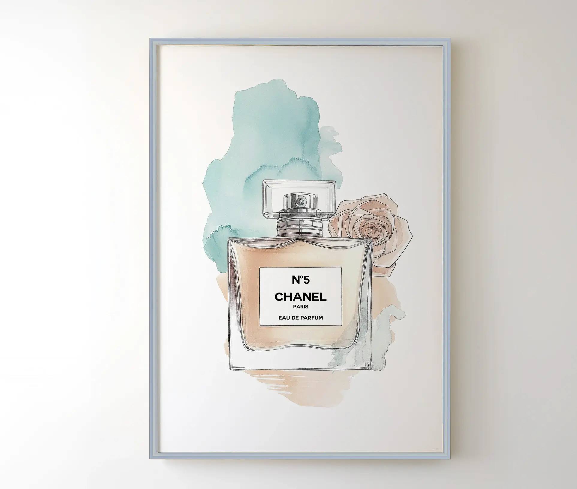 Indrammet plakat med Chanel parfumeillustration i blå ramme