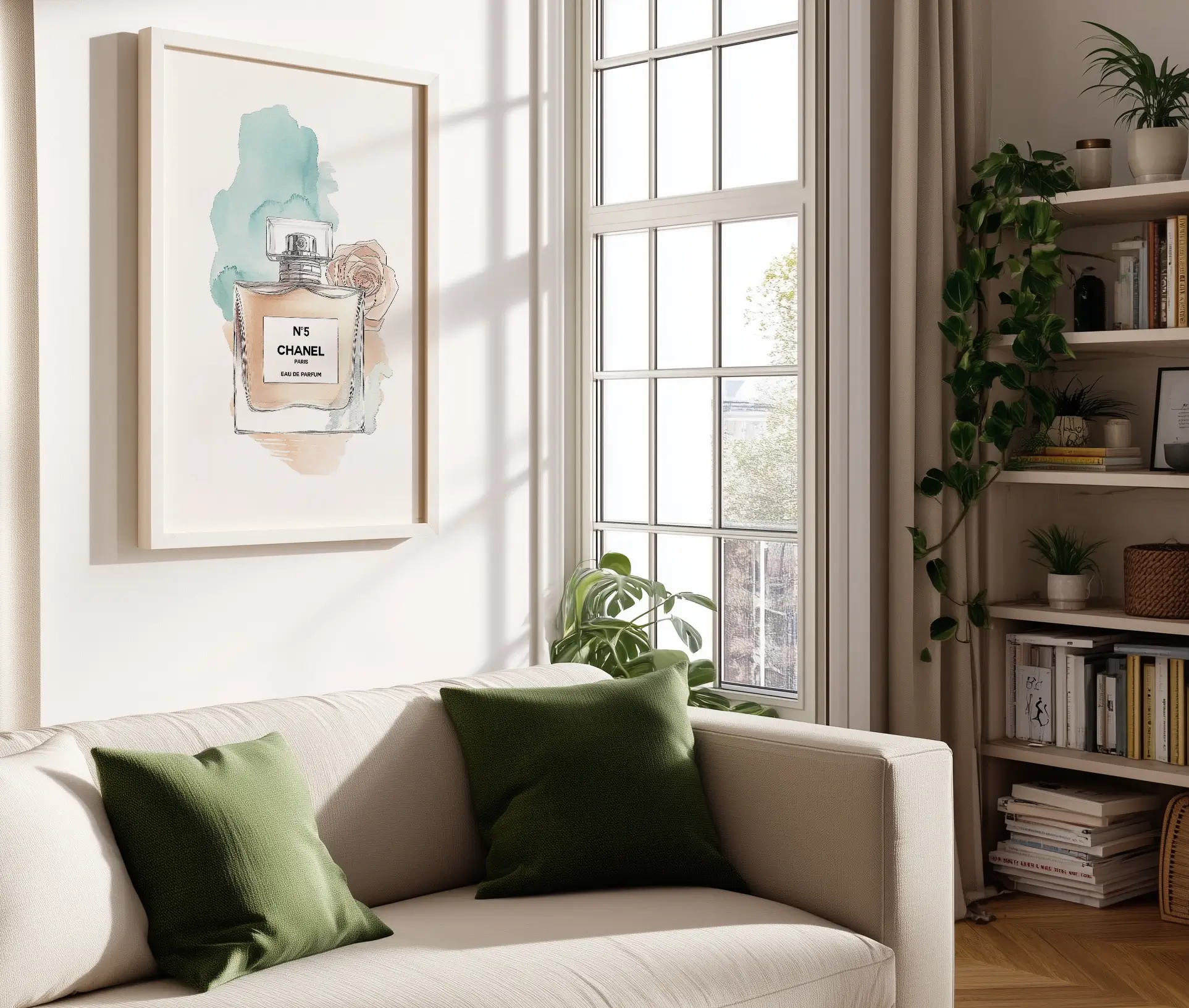 Plakat med Chanel No. 5 parfumeillustration hængende ved sofa