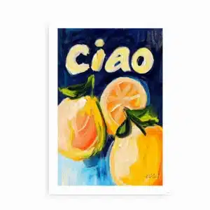 Fritlagt plakat med citrusfrugter og teksten Ciao i farverig stil