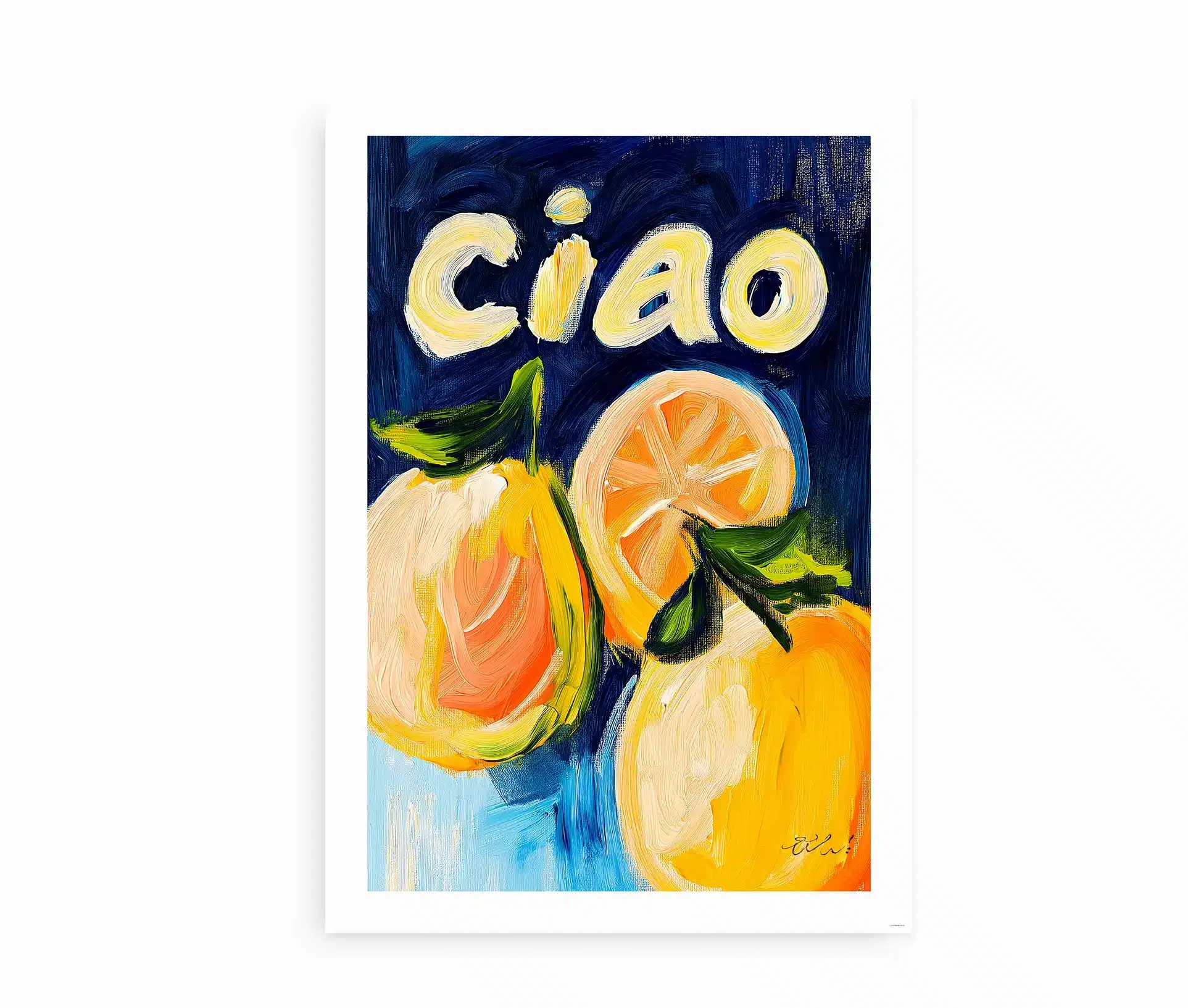 Fritlagt plakat med citrusfrugter og teksten Ciao i farverig stil