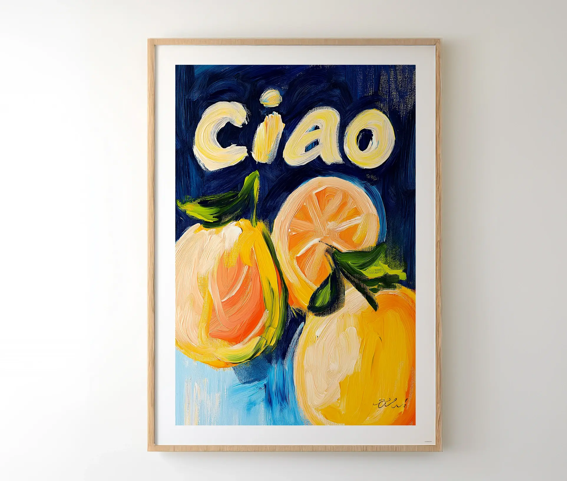 Indrammet plakat med farverige citroner og teksten "Ciao"