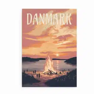 Plakat med strand, solnedgang og Sankt Hans bål