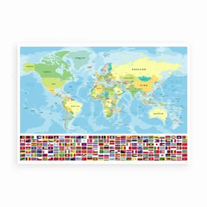 Verdenskort plakat med lande og flag navngivet på dansk