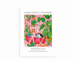 Plakat med farverig illustration af kvinde i badekar omgivet af grønne planter