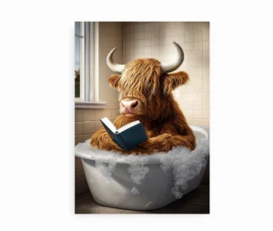 Plakat med højlandskvæg i badekar læsende en bog