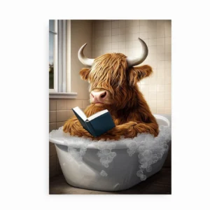 Plakat med højlandskvæg i badekar læsende en bog