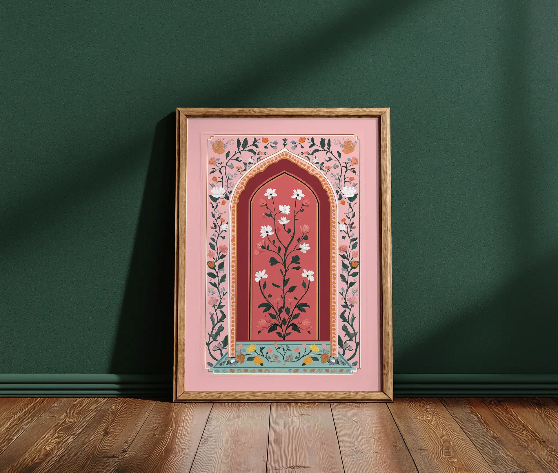 Plakat med orientalsk blomsterbue i ramme placeret på trægulv