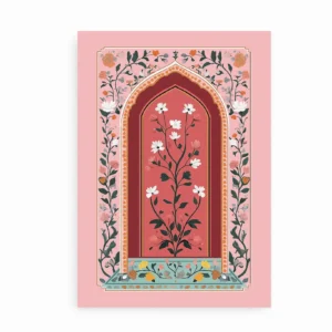 Fritlagt plakat med buemotiv og orientalske blomster i rosa og rød