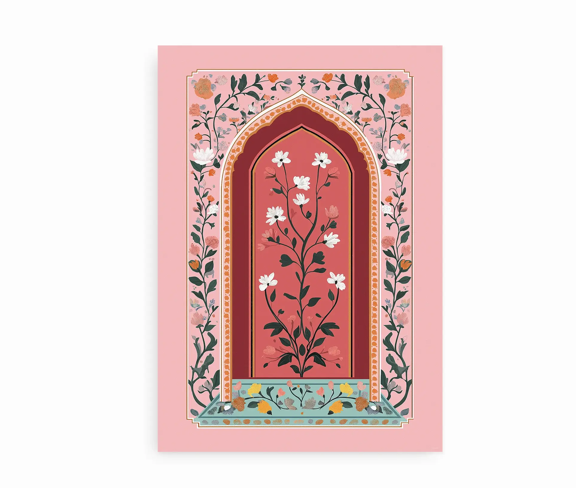 Fritlagt plakat med buemotiv og orientalske blomster i rosa og rød