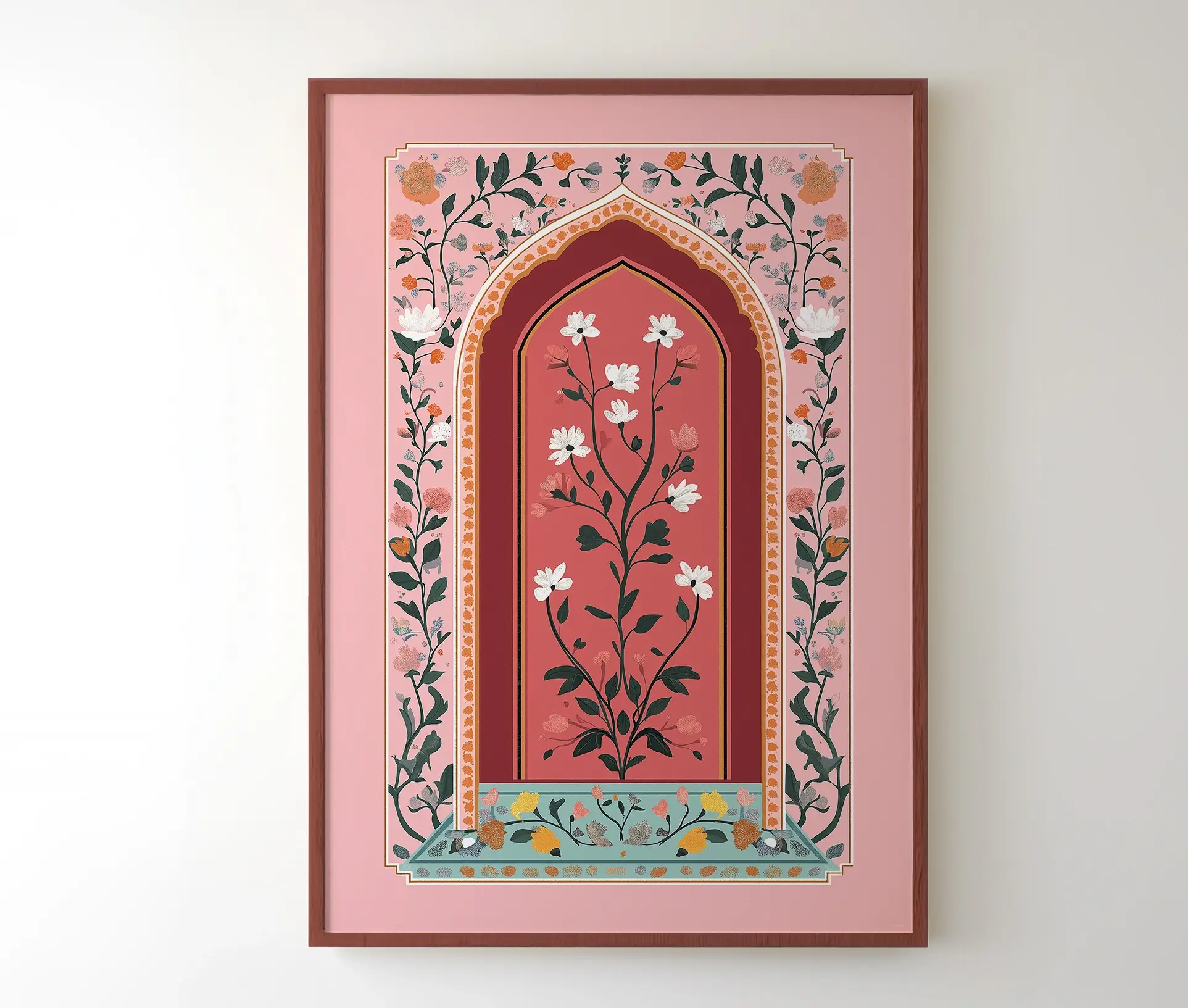 Orientalsk plakat med blomstermotiv indrammet i rød ramme