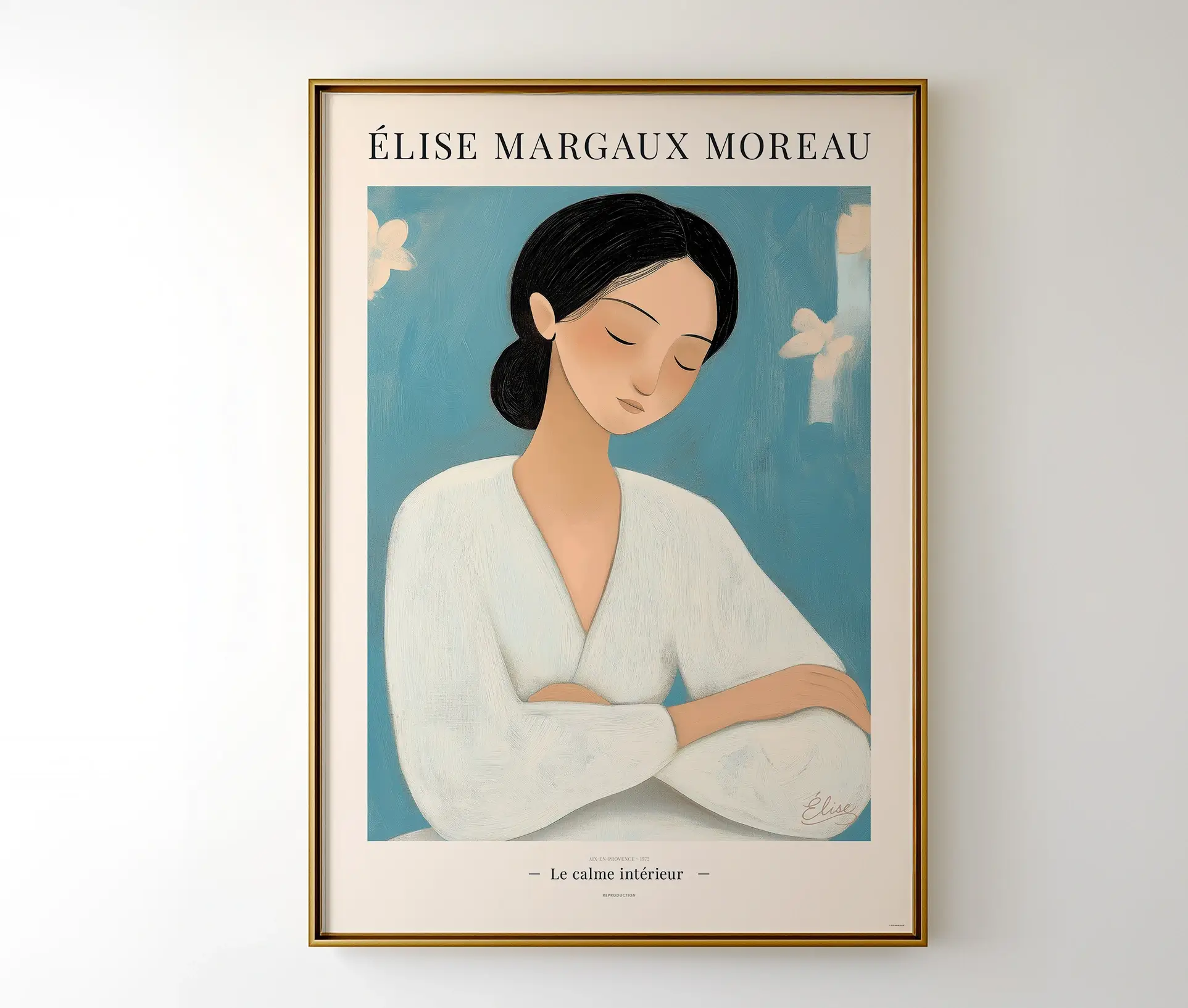 Plakat med kvindeportræt i guldramme – Le calme intérieur