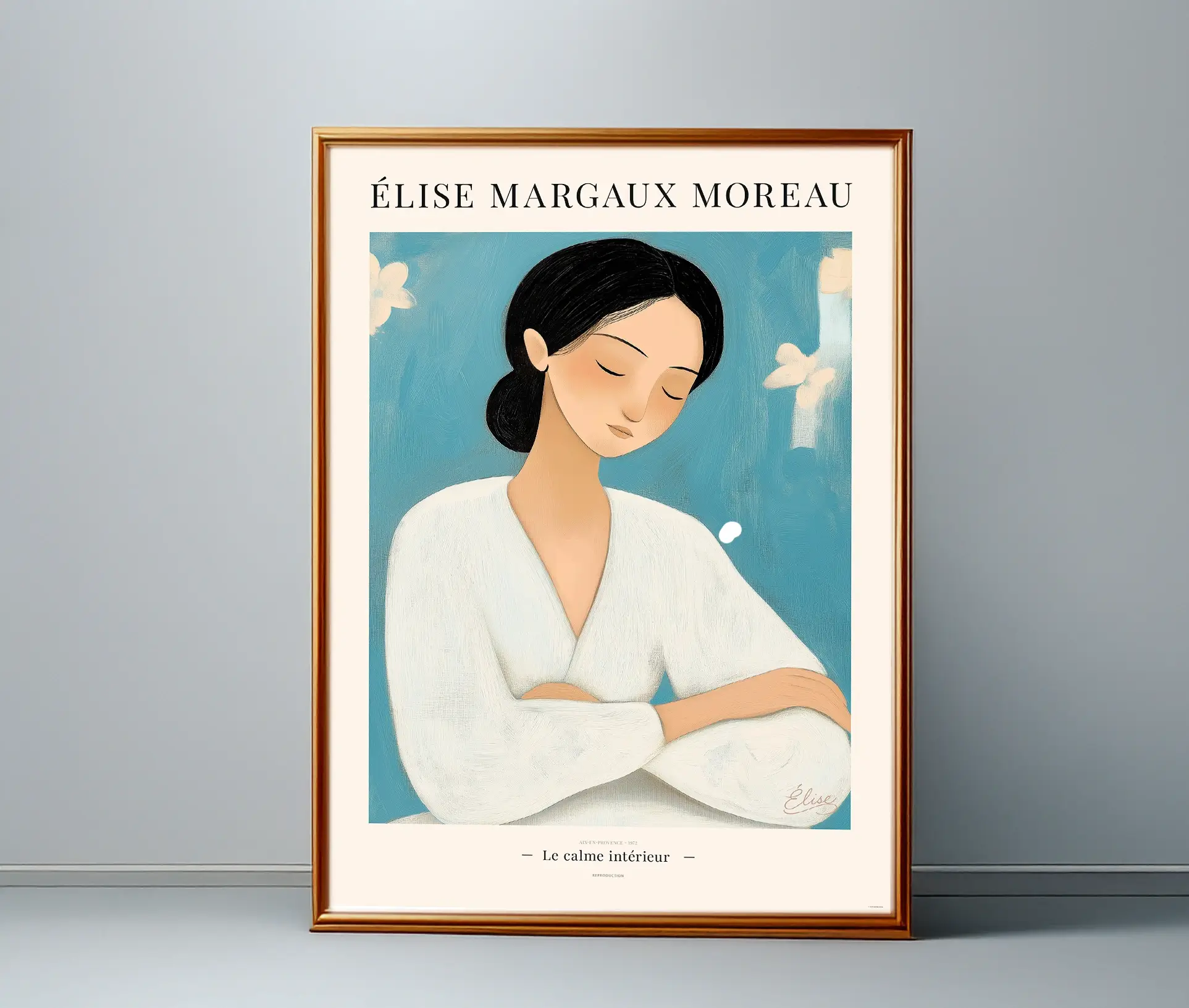 Plakat med kvindemotiv i ramme på gulv – Le calme intérieur