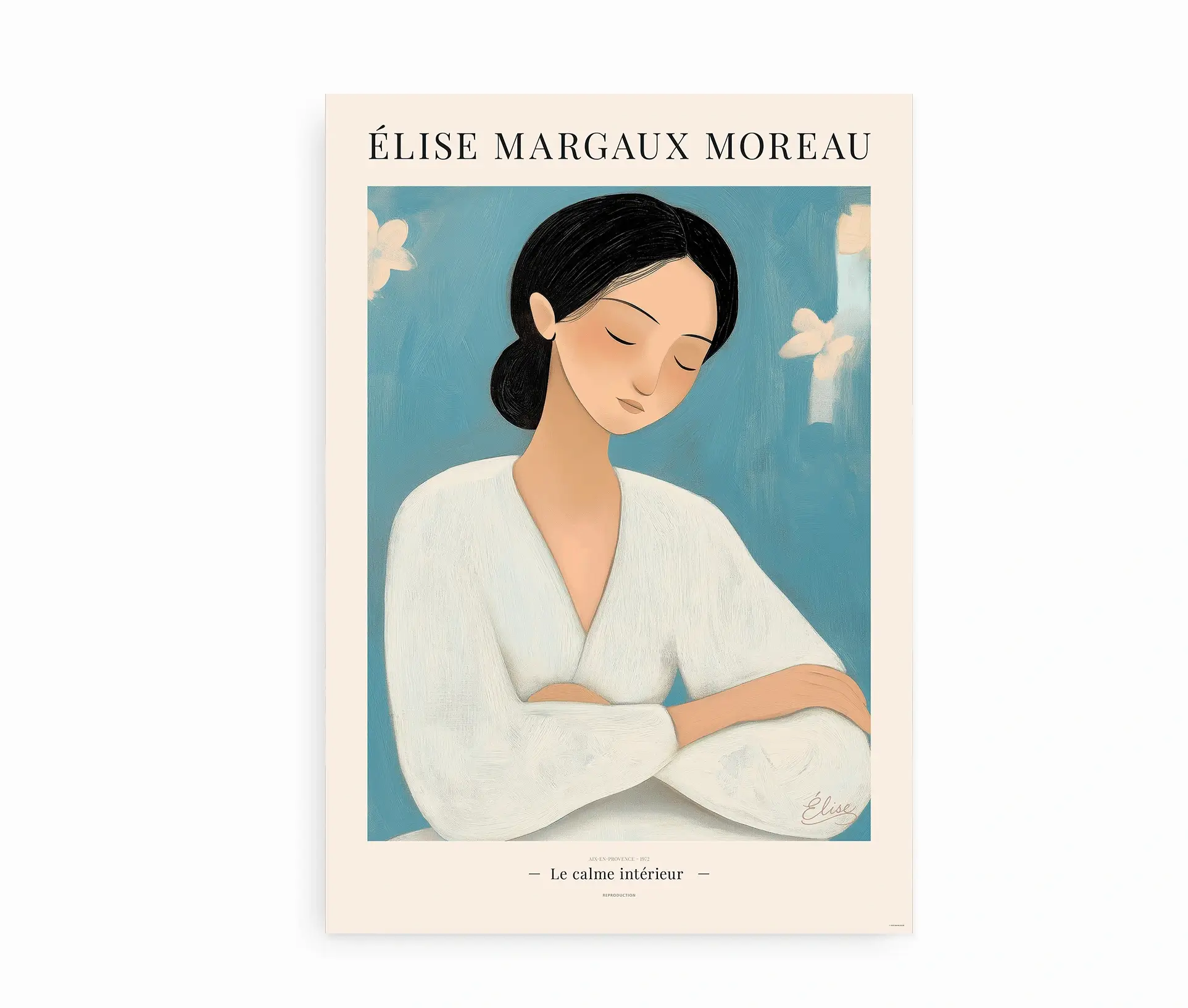 Illustreret plakat af kvinde med lukkede øjne i rolig positur