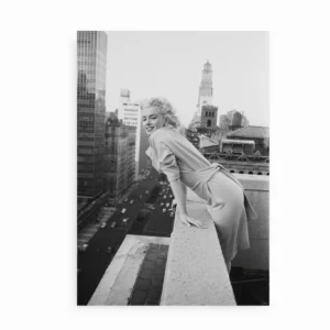Sort-hvid plakat med Marilyn Monroe på tagterrasse og byudsigt