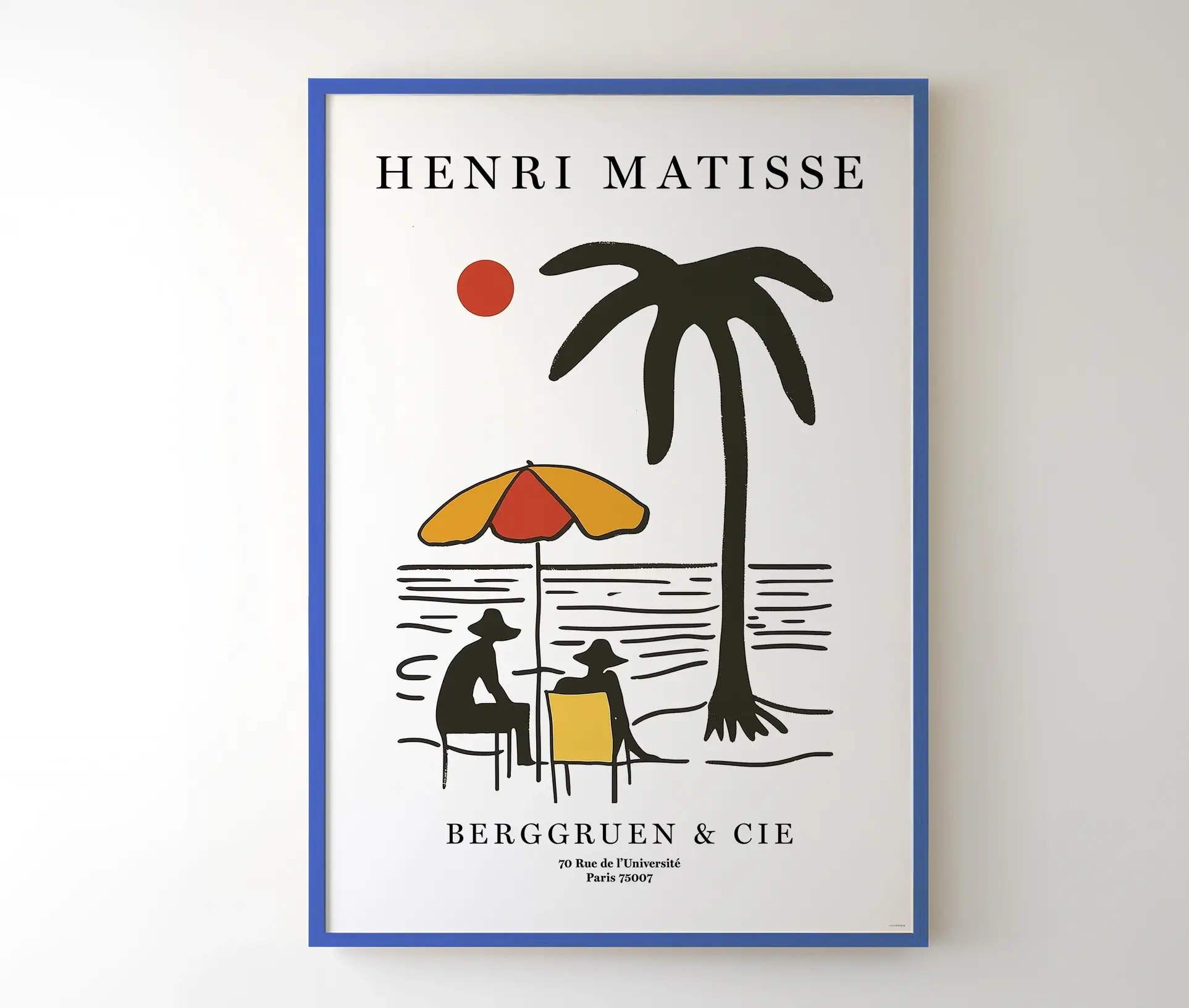 Matisse plakat med palme og strandscene i blå ramme