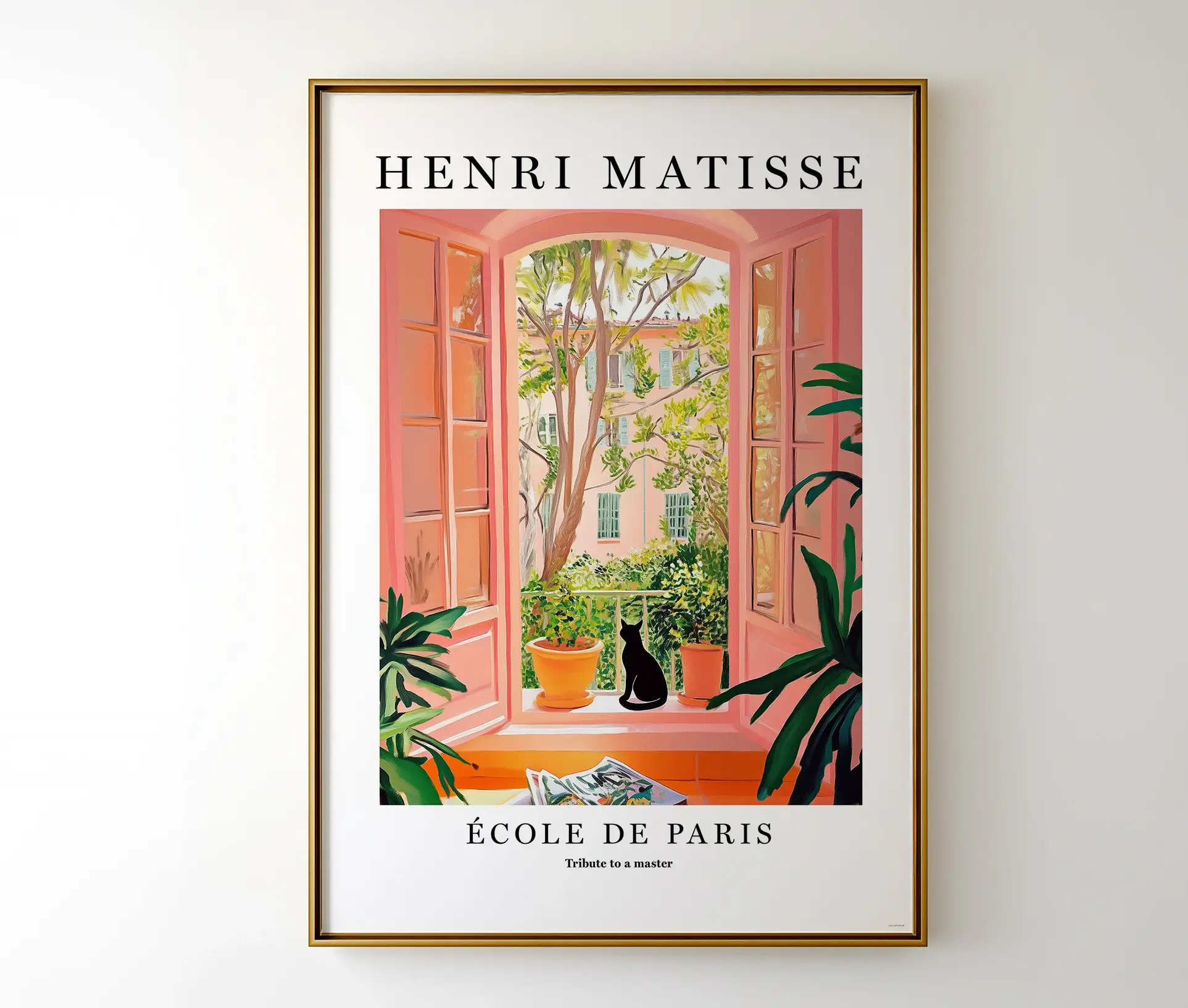 Plakat i guldramme med Matisse-motiv og kat i vindue