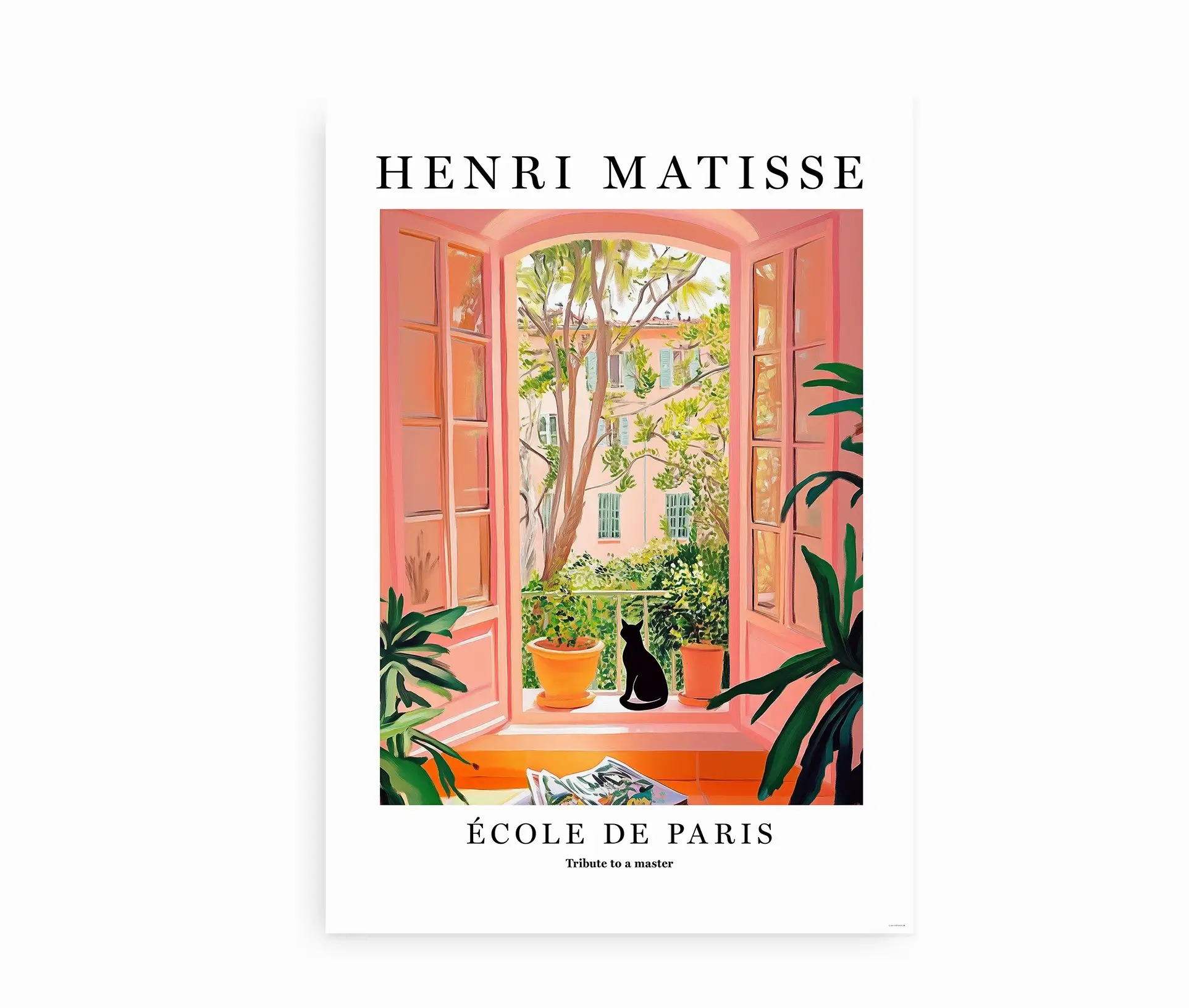 Matisse-inspireret plakat med åbent vindue, kat og grøn gårdhave