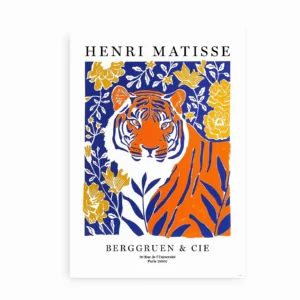 Farverig kunstplakat med tiger og blomster inspireret af Henri Matisse
