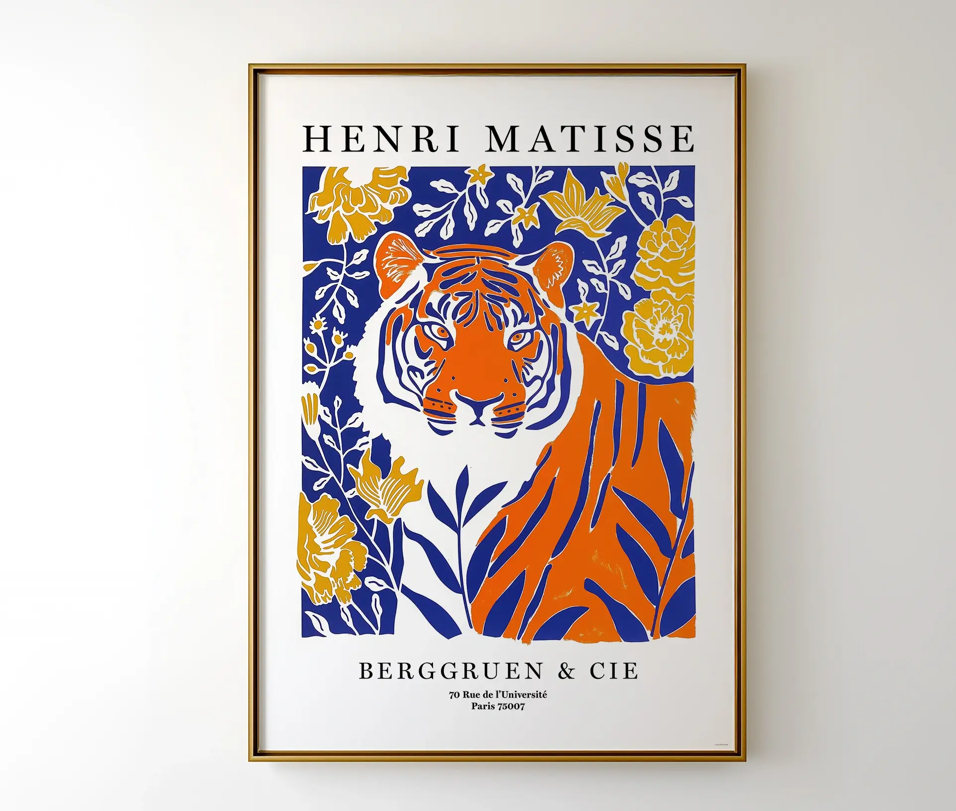 Henri Matisse-inspireret plakat med tiger og blomster i guldramme