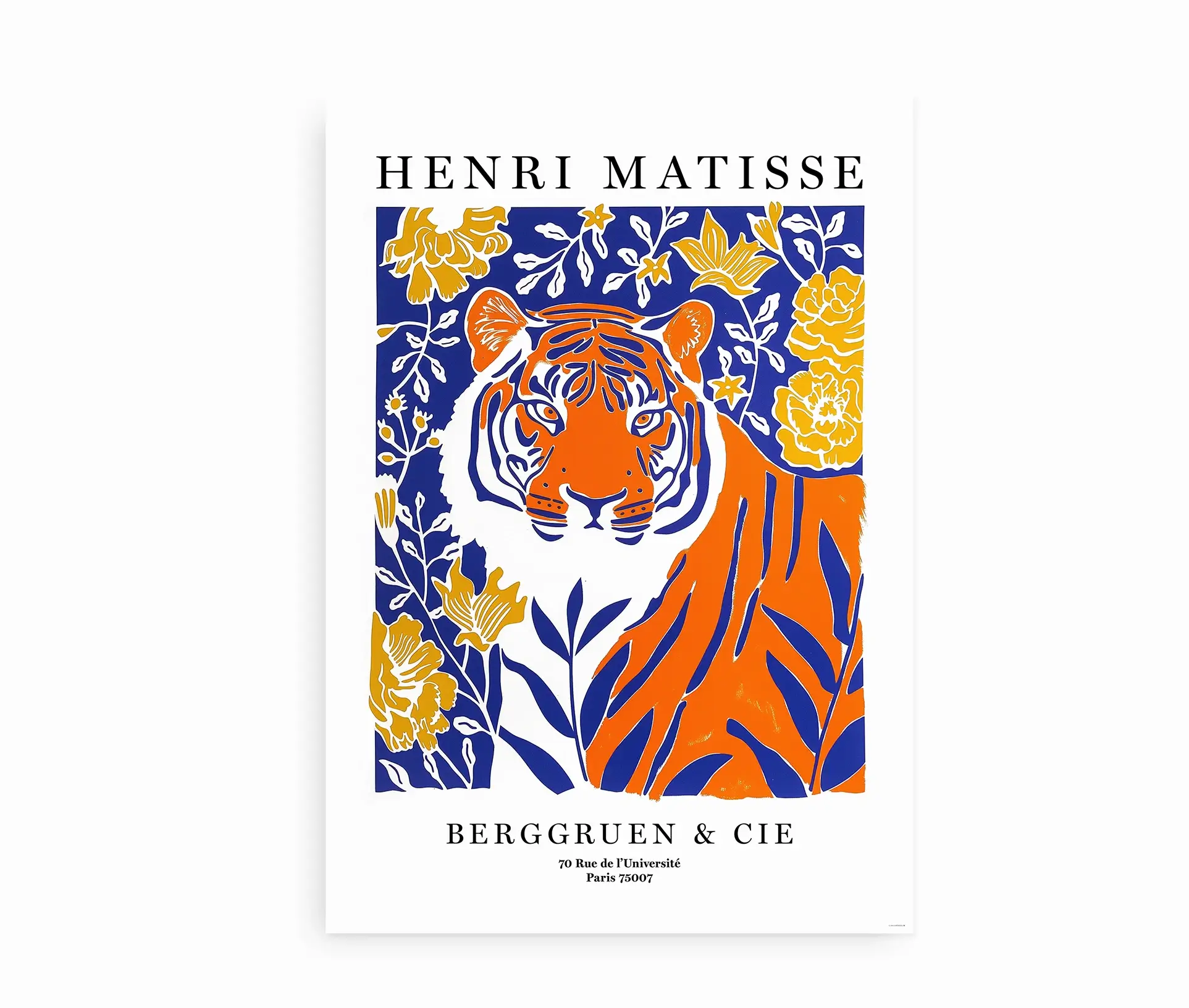 Farverig kunstplakat med tiger og blomster inspireret af Henri Matisse