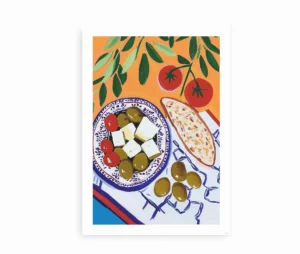 Fritlagt plakat med oliven, fetaost og tomater i farverigt middelhavsmotiv