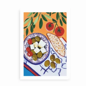 Fritlagt plakat med oliven, fetaost og tomater i farverigt middelhavsmotiv