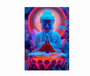 Plakat med meditativ Buddha i neonfarver, siddende på en lotusblomst