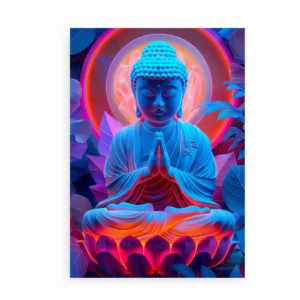 Plakat med meditativ Buddha i neonfarver, siddende på en lotusblomst