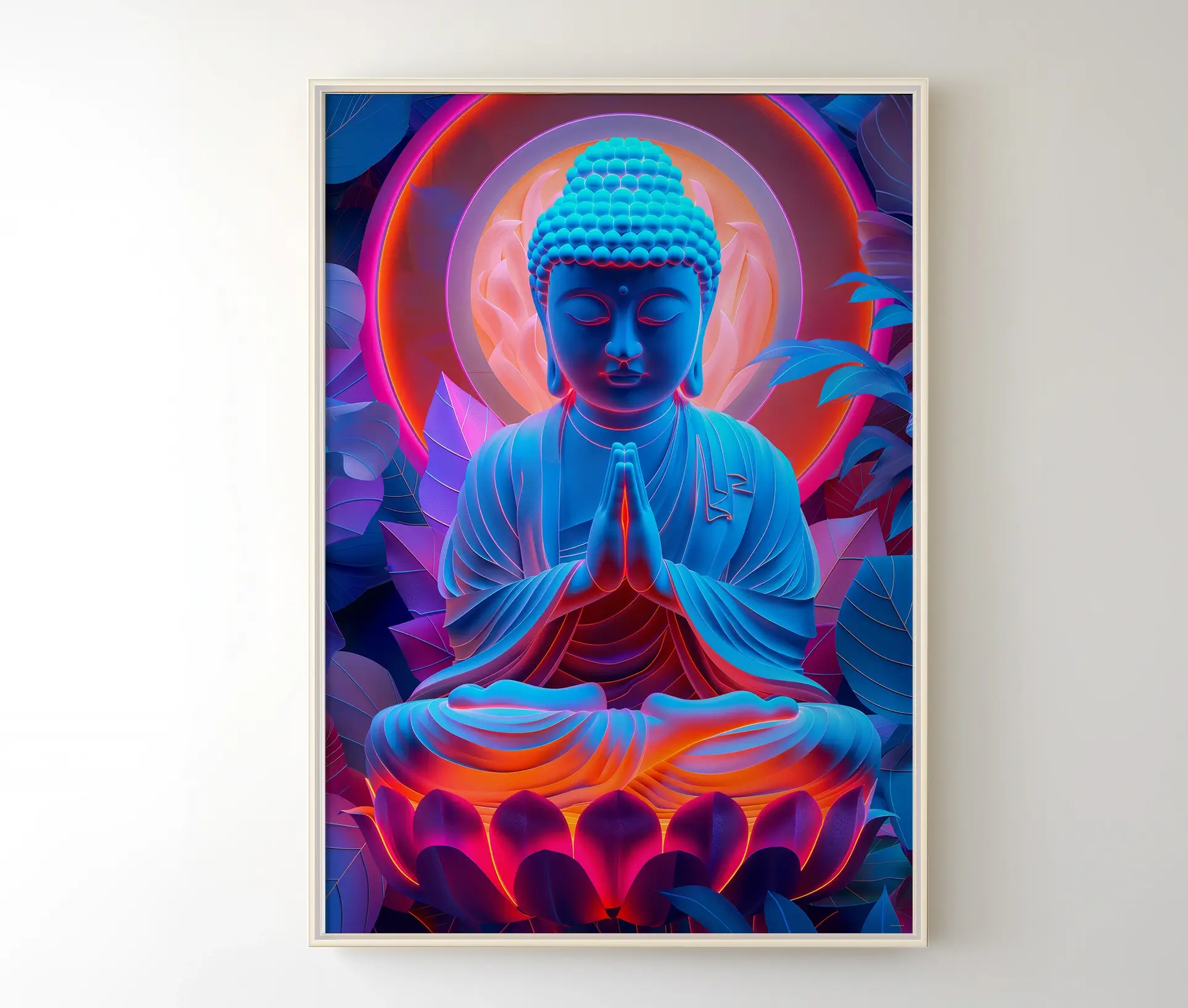 Plakat med Buddha i neonfarver vist indrammet på væg