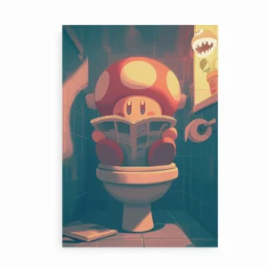 Fritlagt plakat med svampekarakter på toilet og avis