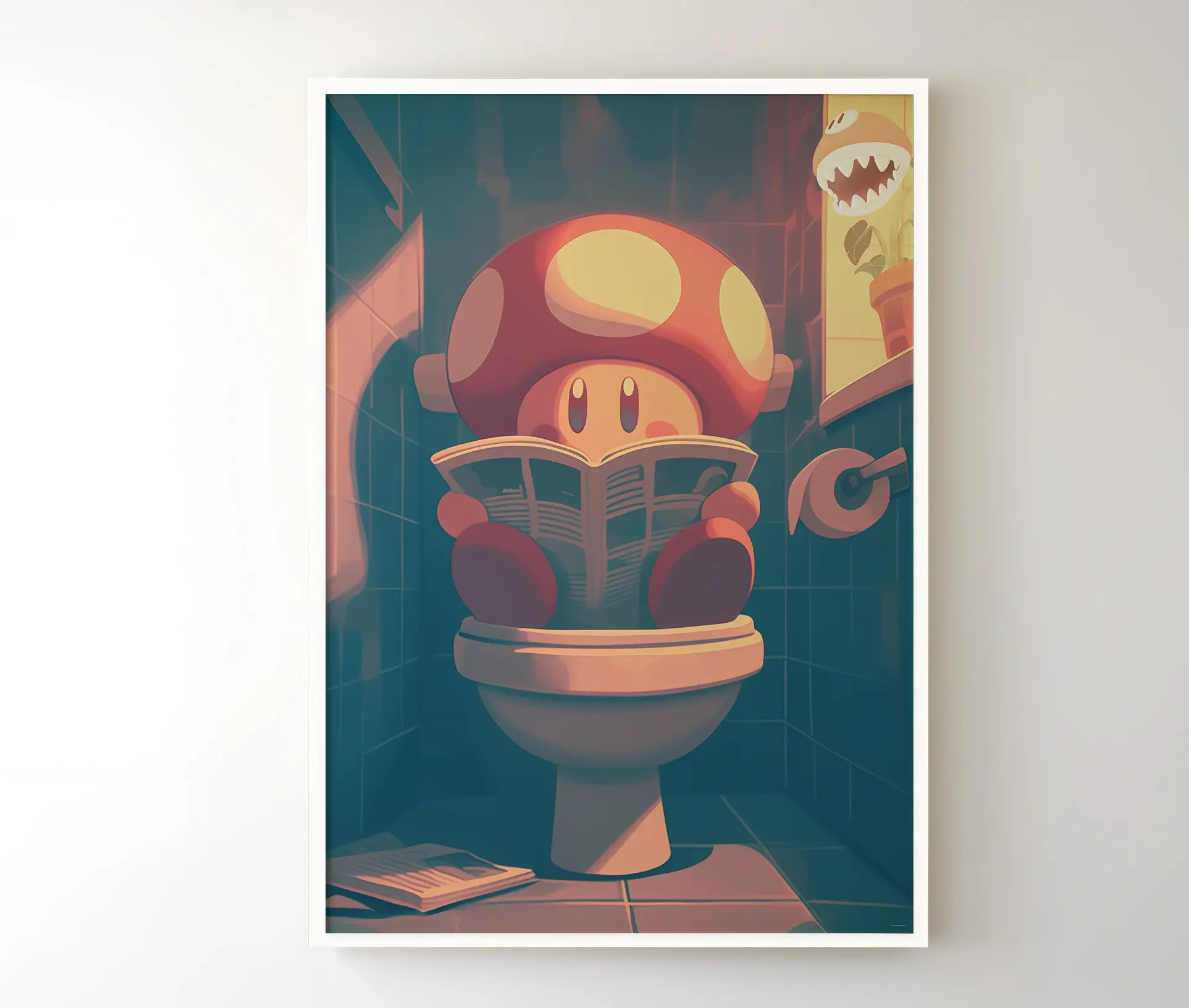 Plakat med svampefigur på toilet læsende avis