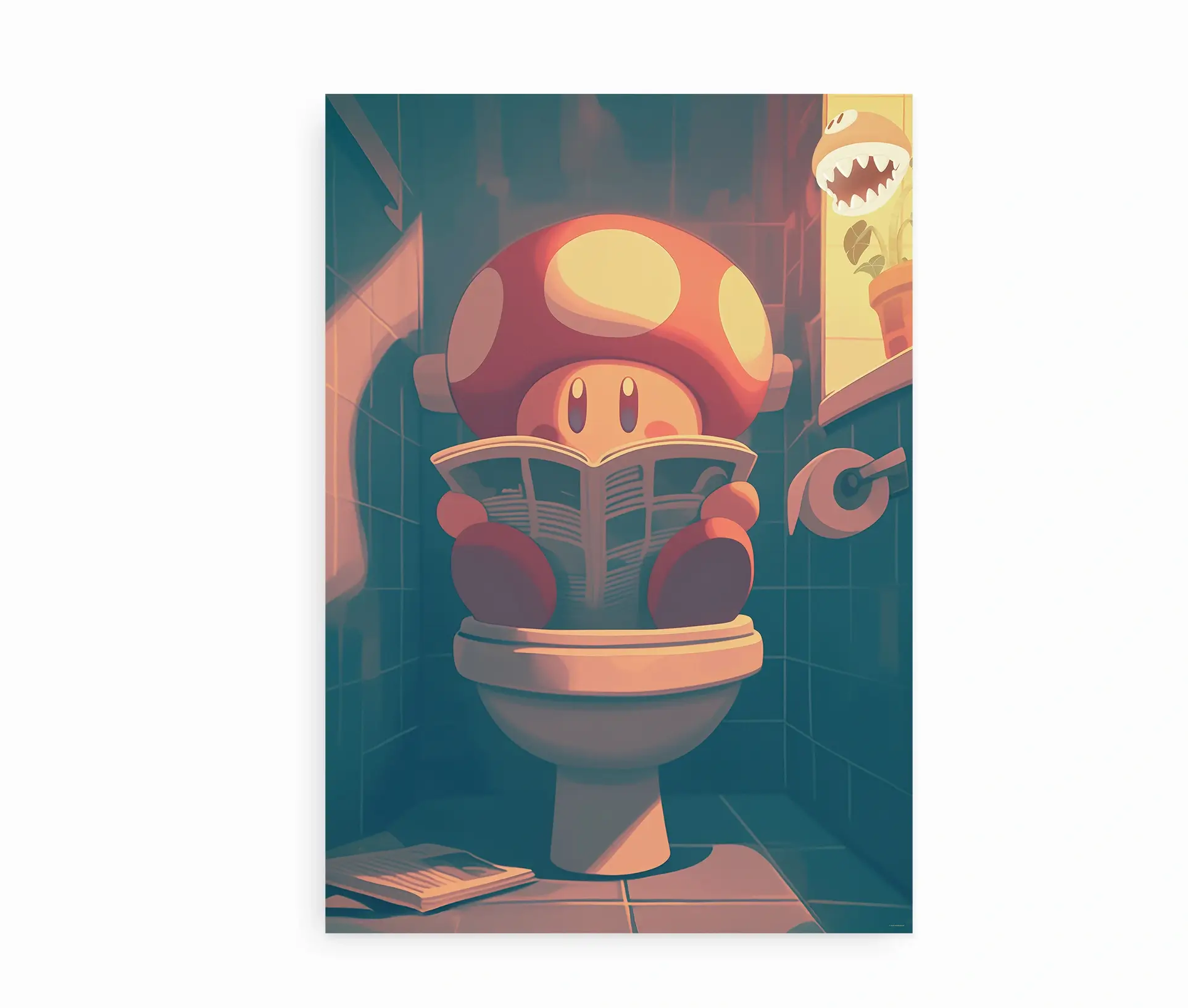 Fritlagt plakat med svampekarakter på toilet og avis