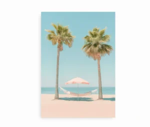 Pastel plakat med palmer, hængekøje og parasol på strand