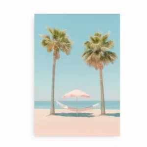 Pastel plakat med palmer, hængekøje og parasol på strand