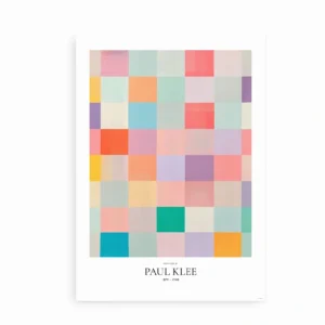 Fritlagt plakat med farverig kvadratkomposition inspireret af Paul Klee