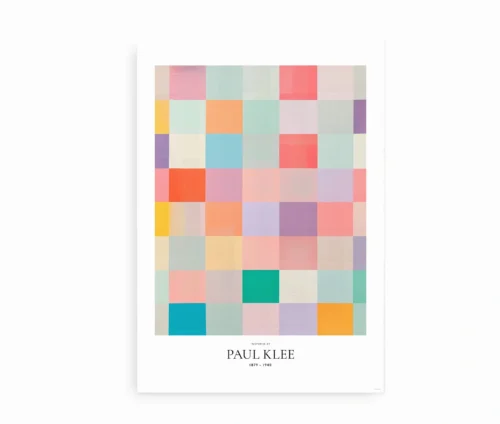Fritlagt plakat med farverig kvadratkomposition inspireret af Paul Klee