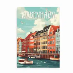 Plakat med farverige huse og både i Nyhavn, København